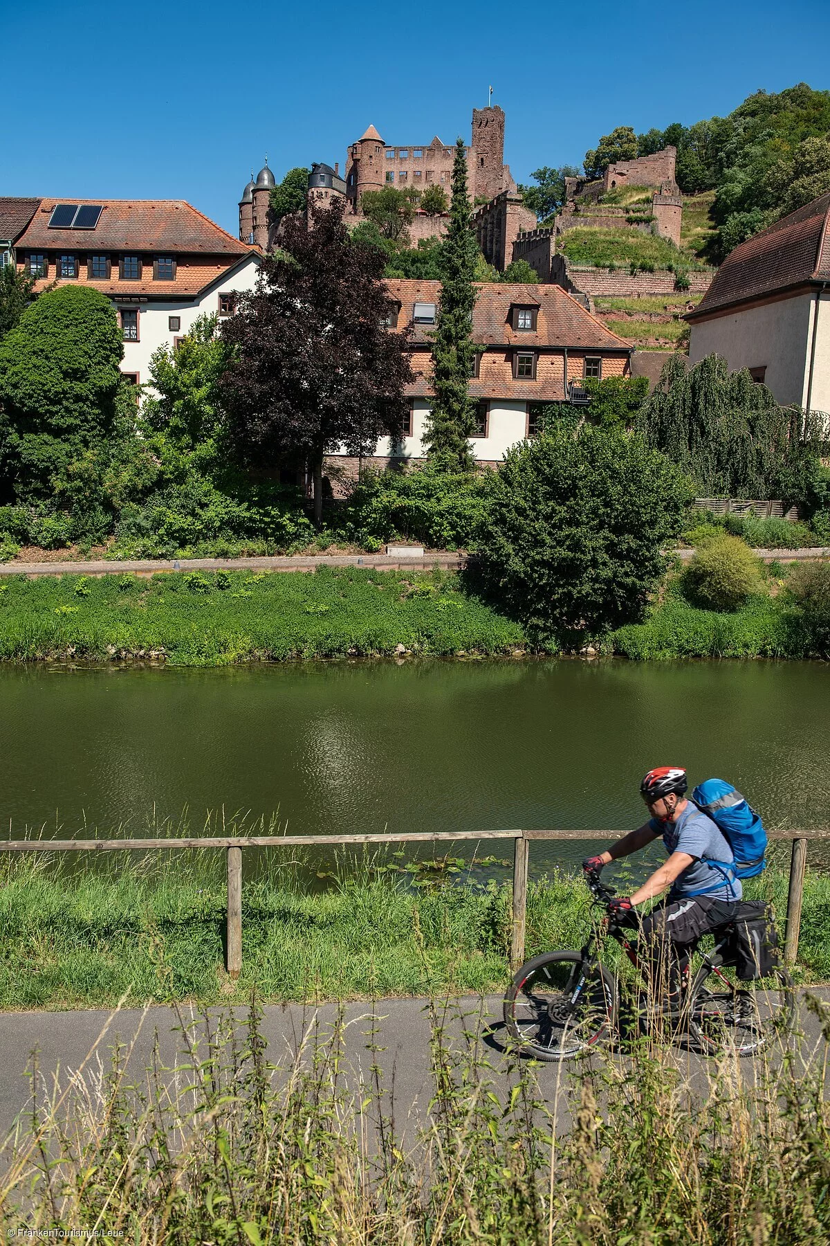 Radler am MainRadweg, im Hintergrund Burg Wertheim (Wertheim/Liebliches Taubertal)