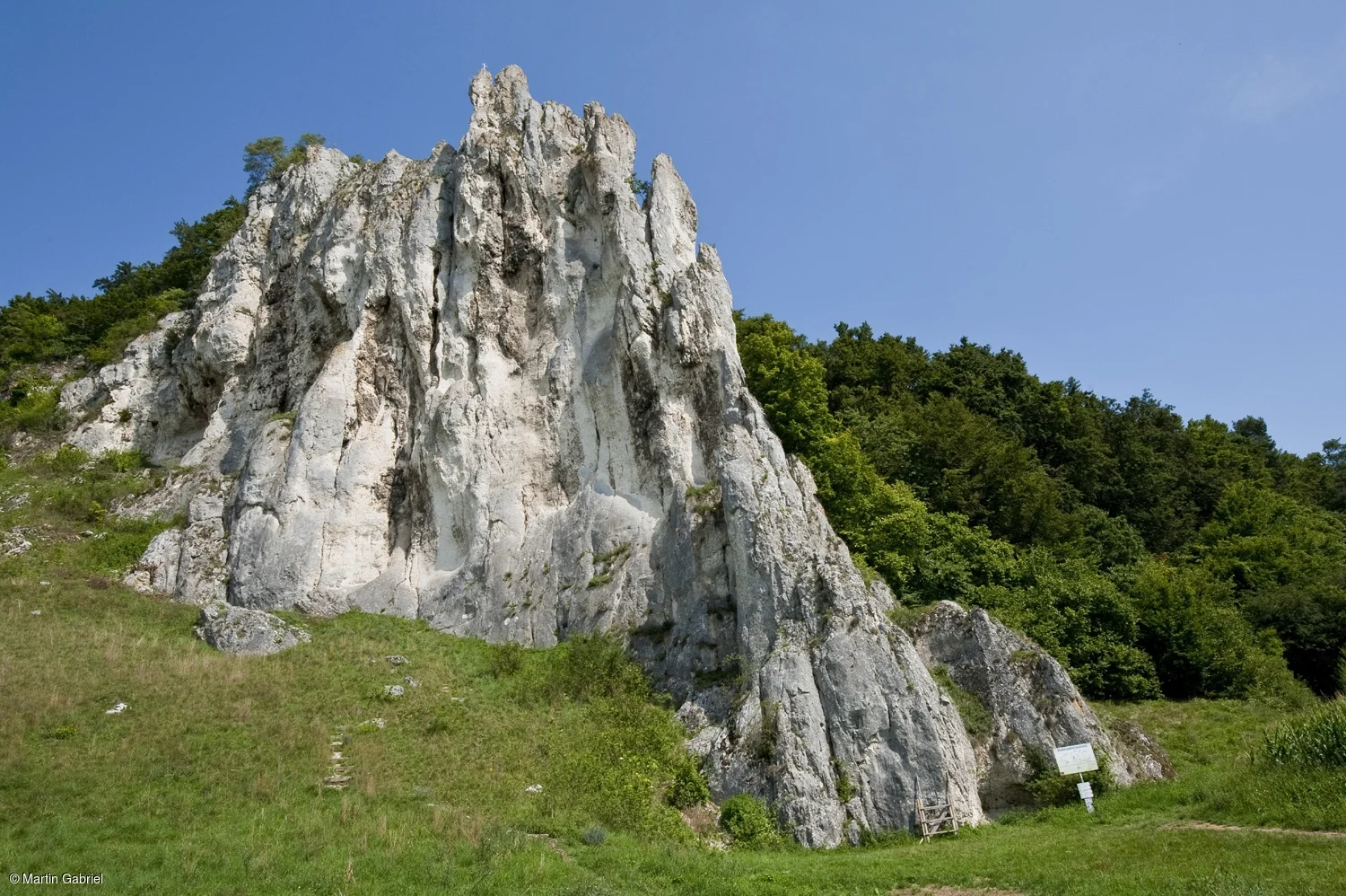 Felsformation mit steilen, weißen Klippen vor einem bewaldeten Hintergrund und blauem Himmel.